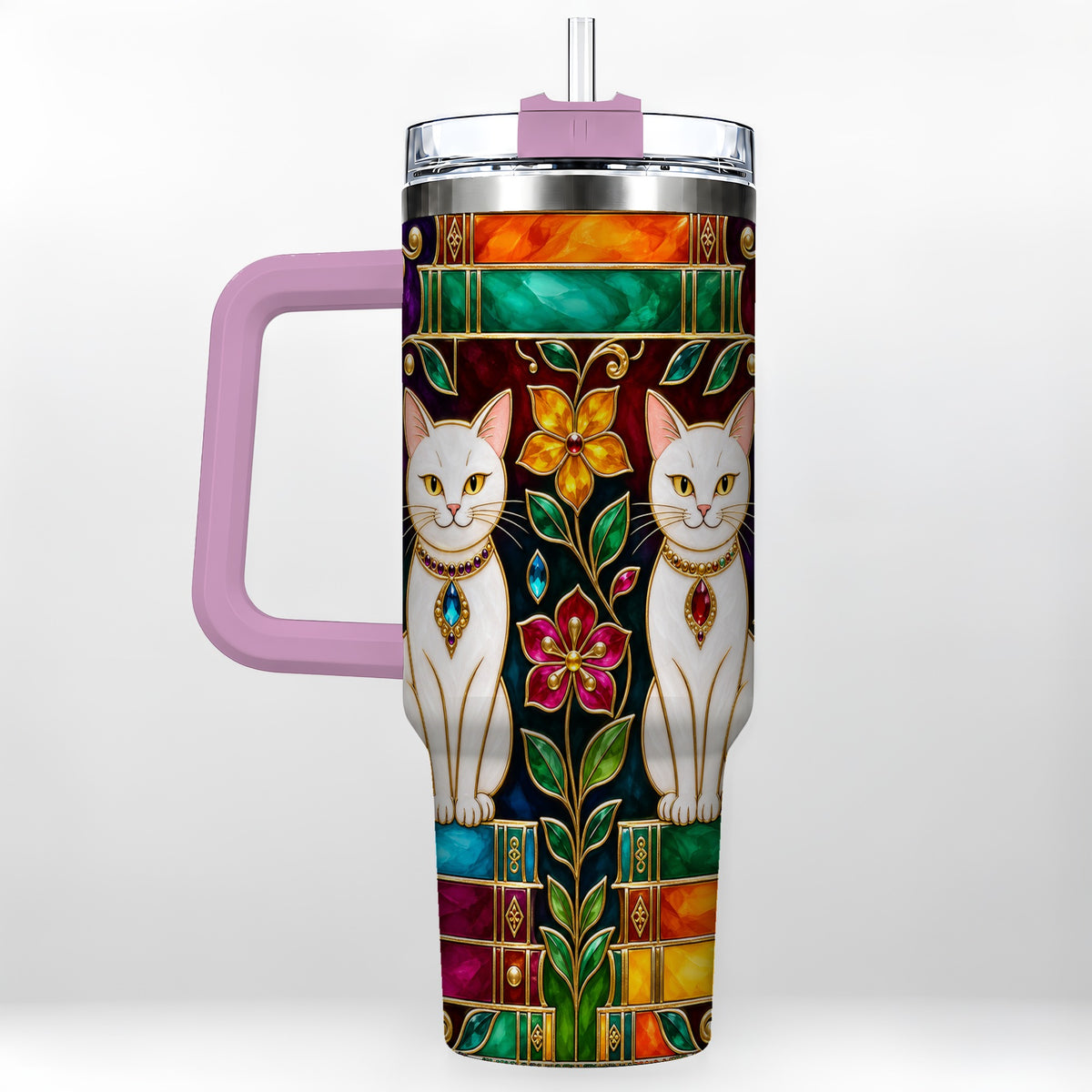 #pl[40oz|Pink] Jeweled White Cats 40oz Tumbler, Floral Cat Stainless Steel Travel Cup