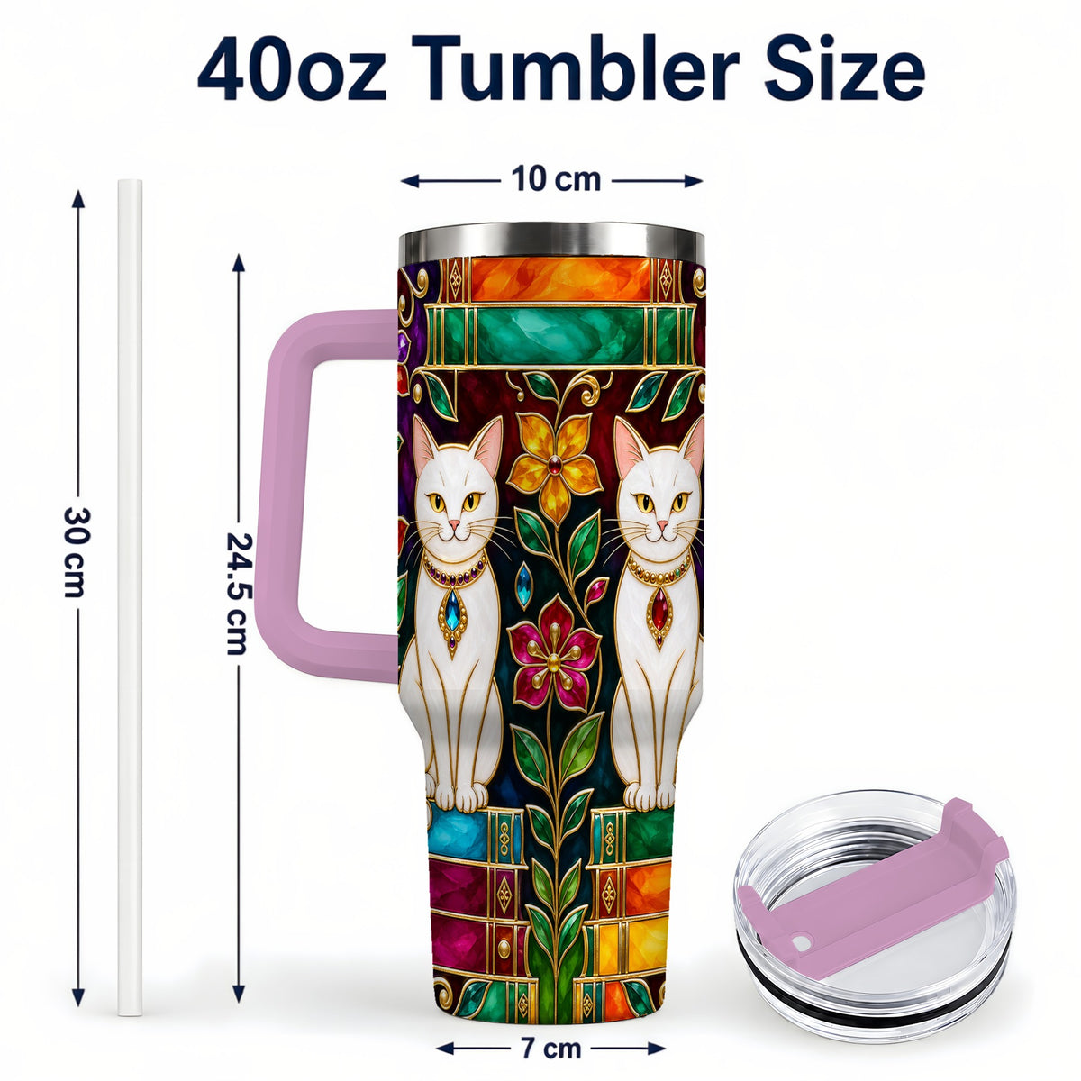 #pl[40oz|Pink] Jeweled White Cats 40oz Tumbler, Floral Cat Stainless Steel Travel Cup
