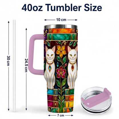#pl[40oz|Pink] Jeweled White Cats 40oz Tumbler, Floral Cat Stainless Steel Travel Cup