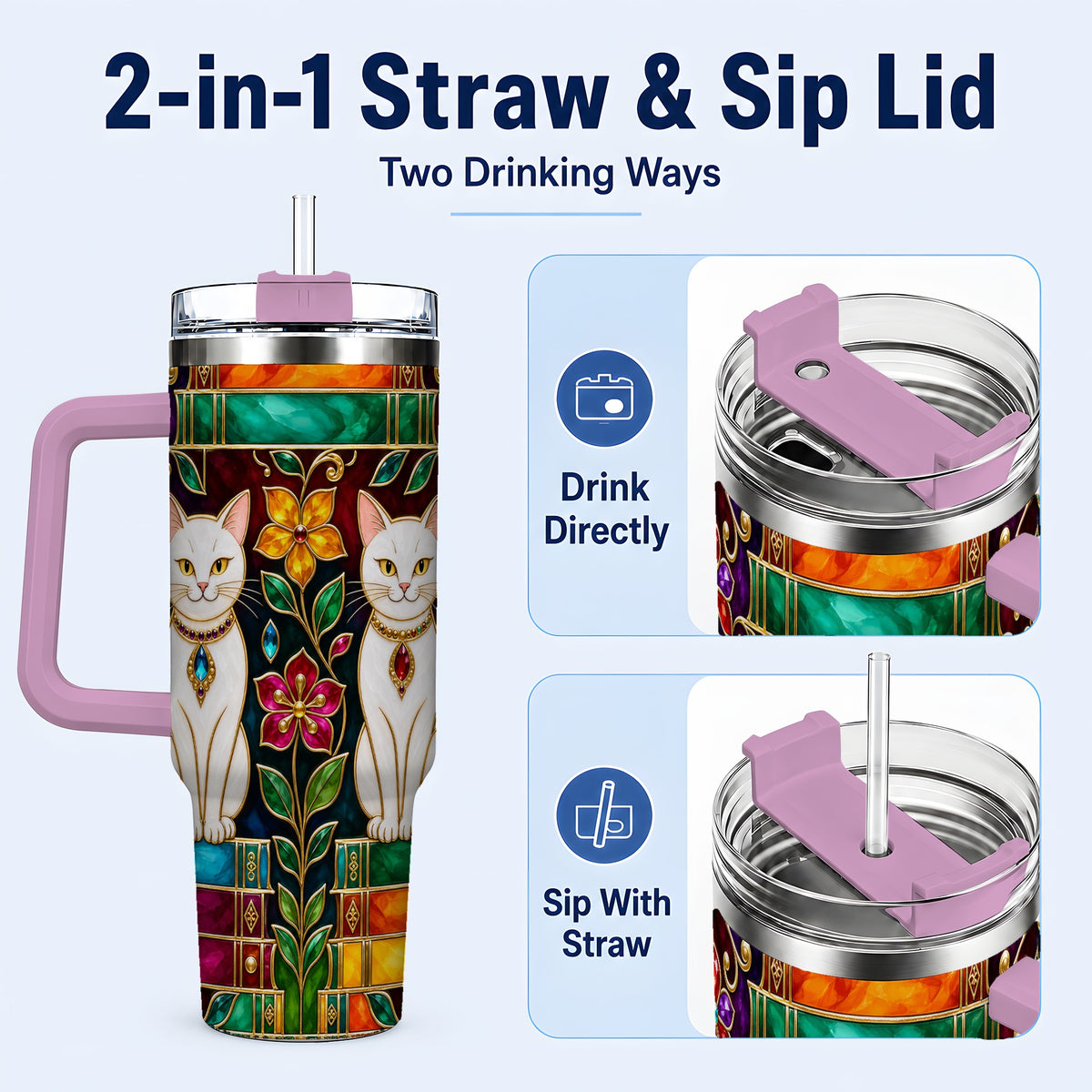 #pl[40oz|Pink] Jeweled White Cats 40oz Tumbler, Floral Cat Stainless Steel Travel Cup