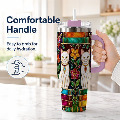 #pl[40oz|Pink] Jeweled White Cats 40oz Tumbler, Floral Cat Stainless Steel Travel Cup
