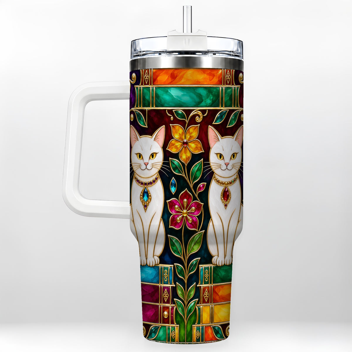 Jeweled White Cats 40oz Tumbler, Floral Cat Stainless Steel Travel Cup