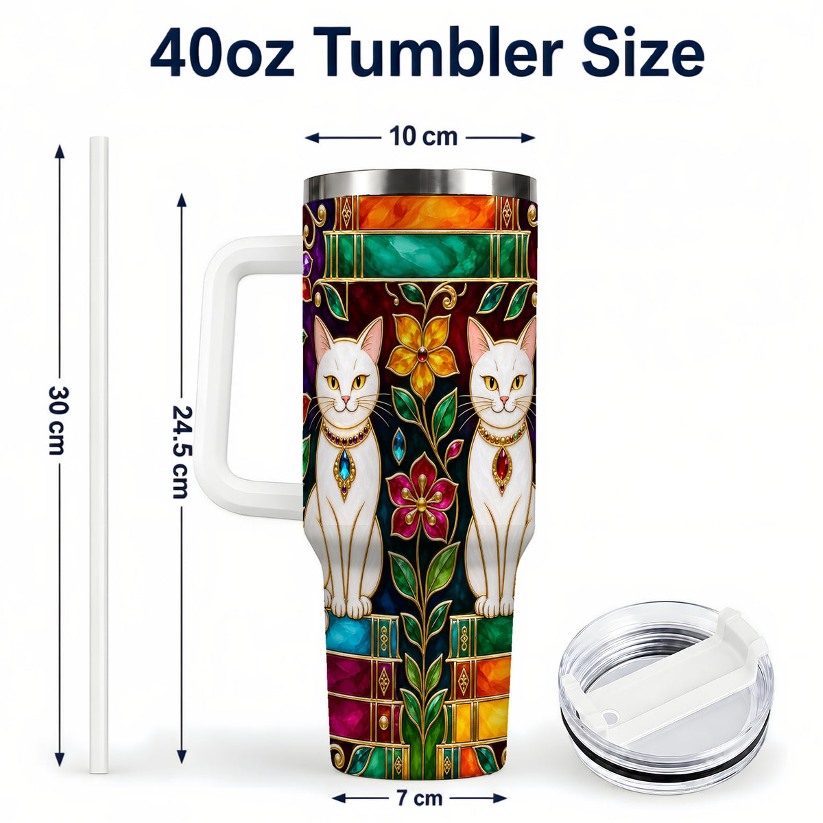 #pl[40oz|White] Jeweled White Cats 40oz Tumbler, Floral Cat Stainless Steel Travel Cup