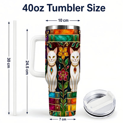 #pl[40oz|White] Jeweled White Cats 40oz Tumbler, Floral Cat Stainless Steel Travel Cup