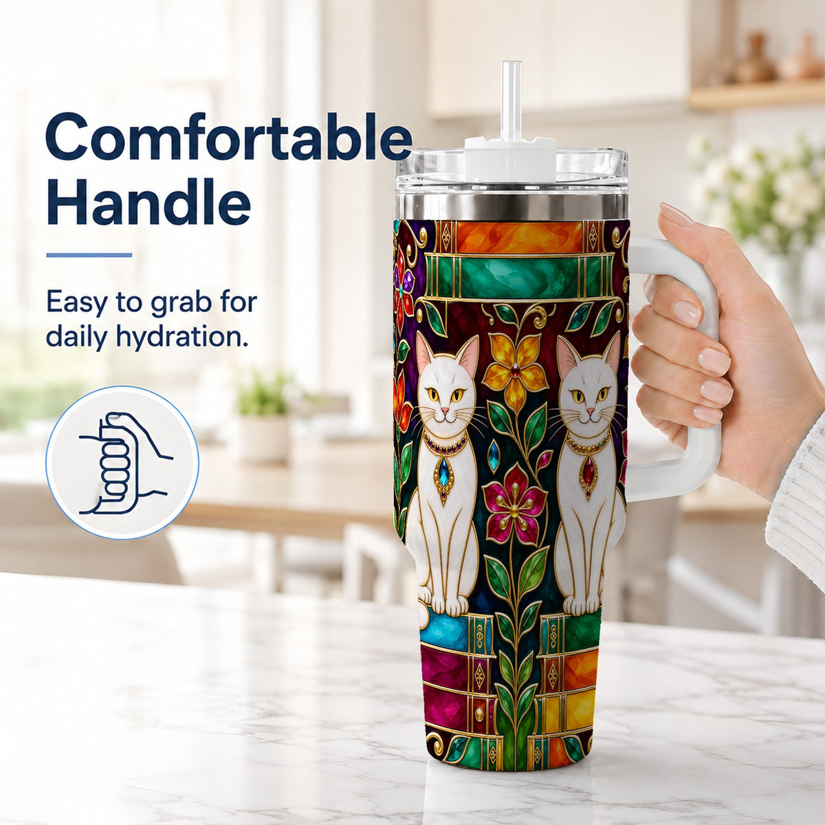 #pl[40oz|White] Jeweled White Cats 40oz Tumbler, Floral Cat Stainless Steel Travel Cup