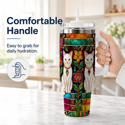 #pl[40oz|White] Jeweled White Cats 40oz Tumbler, Floral Cat Stainless Steel Travel Cup
