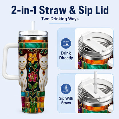 #pl[40oz|White] Jeweled White Cats 40oz Tumbler, Floral Cat Stainless Steel Travel Cup