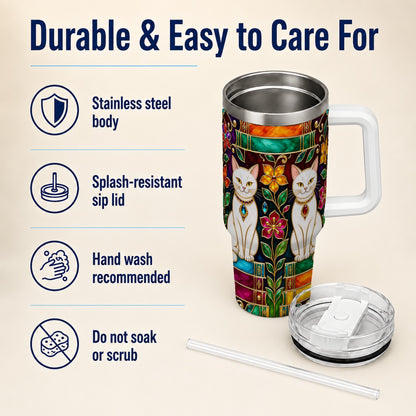 Jeweled White Cats 40oz Tumbler, Floral Cat Stainless Steel Travel Cup