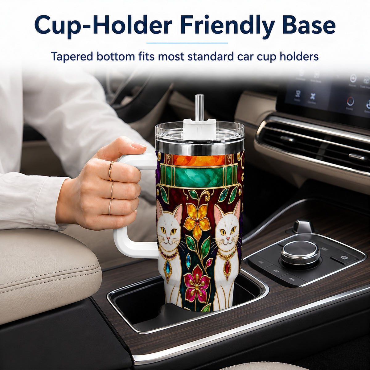 Jeweled White Cats 40oz Tumbler, Floral Cat Stainless Steel Travel Cup