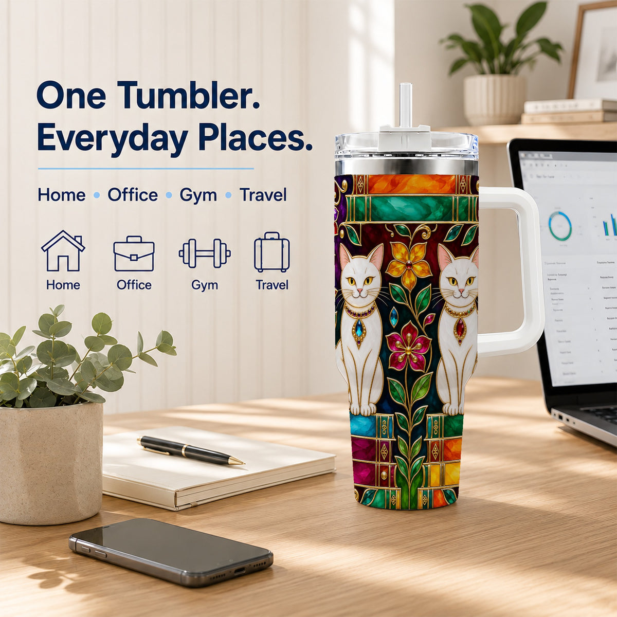Jeweled White Cats 40oz Tumbler, Floral Cat Stainless Steel Travel Cup