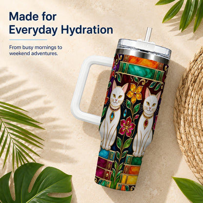 Jeweled White Cats 40oz Tumbler, Floral Cat Stainless Steel Travel Cup