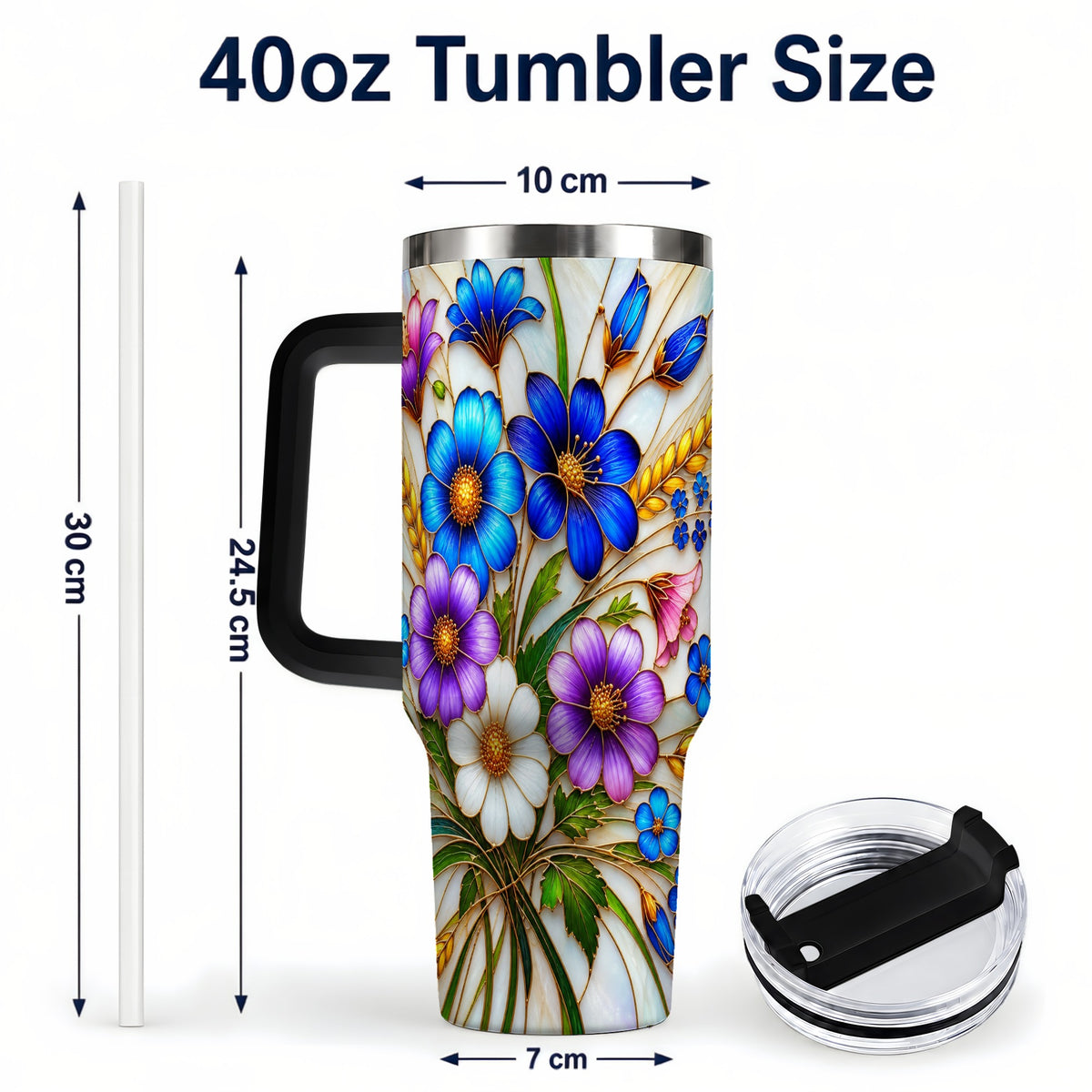 #pl[40oz|Black] Blue Wildflower 40oz Tumbler, Botanical Stainless Steel Travel Cup