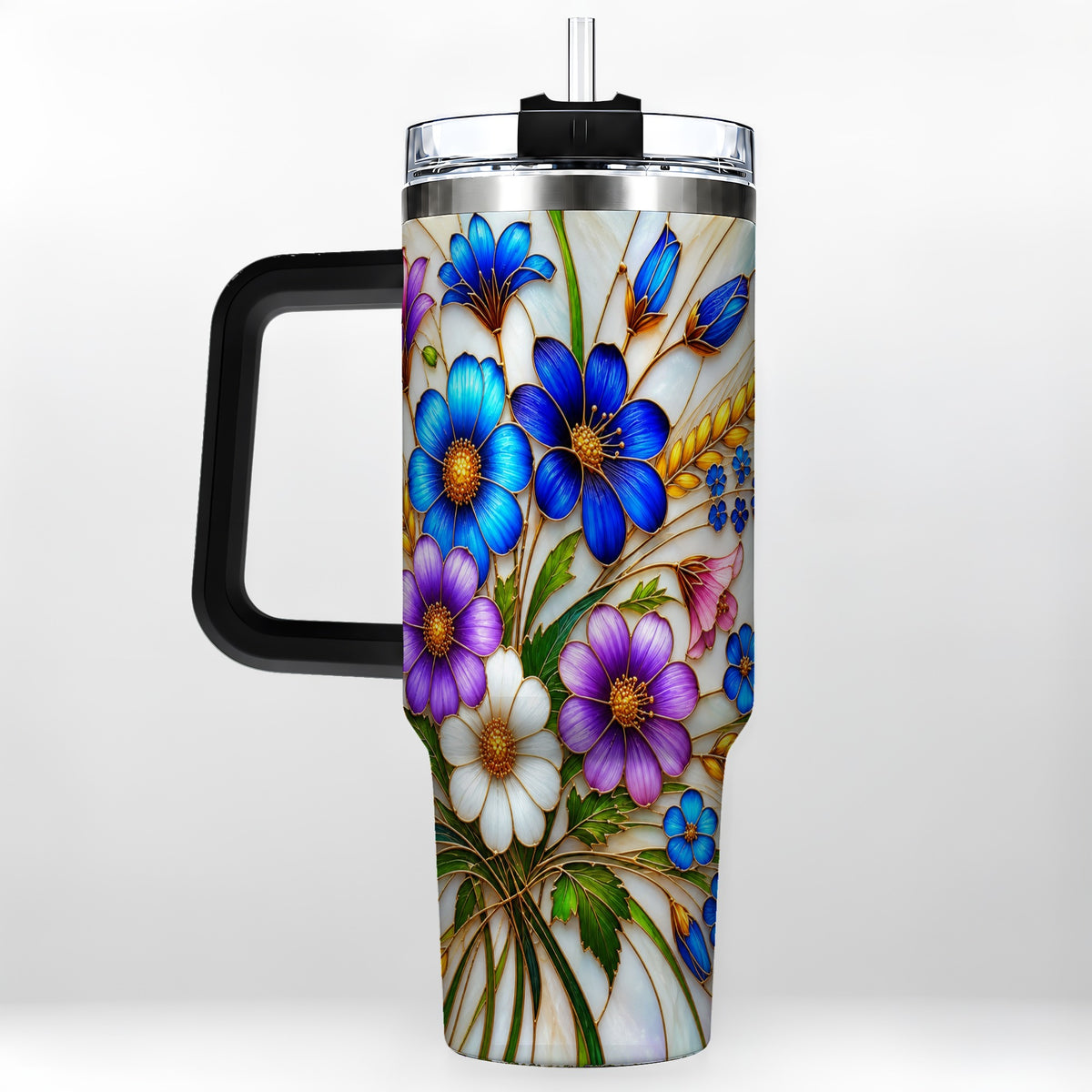 #pl[40oz|Black] Blue Wildflower 40oz Tumbler, Botanical Stainless Steel Travel Cup