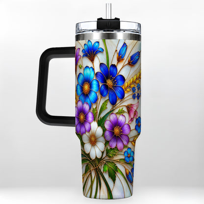 #pl[40oz|Black] Blue Wildflower 40oz Tumbler, Botanical Stainless Steel Travel Cup