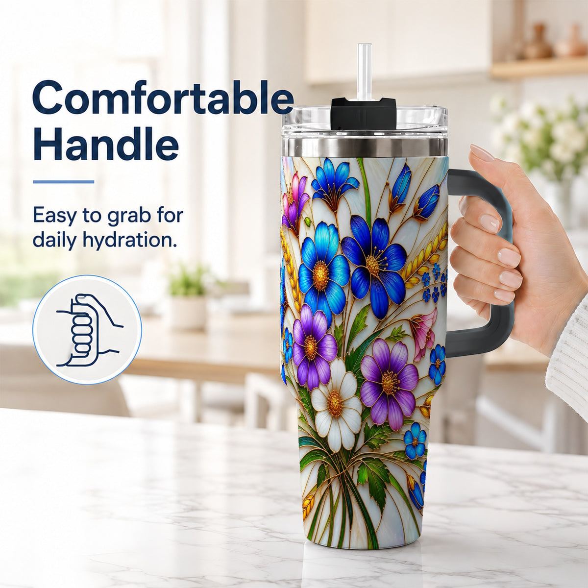 #pl[40oz|Black] Blue Wildflower 40oz Tumbler, Botanical Stainless Steel Travel Cup