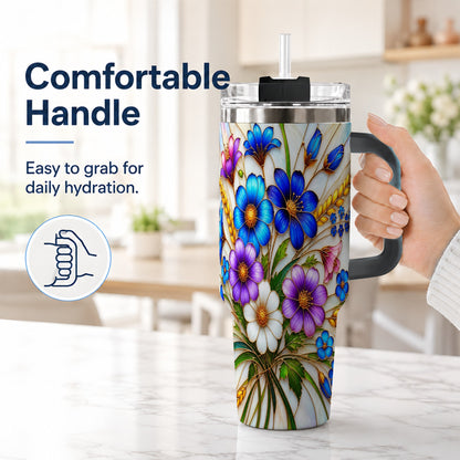 #pl[40oz|Black] Blue Wildflower 40oz Tumbler, Botanical Stainless Steel Travel Cup