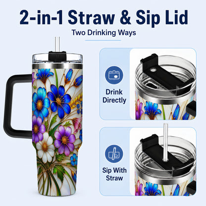 #pl[40oz|Black] Blue Wildflower 40oz Tumbler, Botanical Stainless Steel Travel Cup