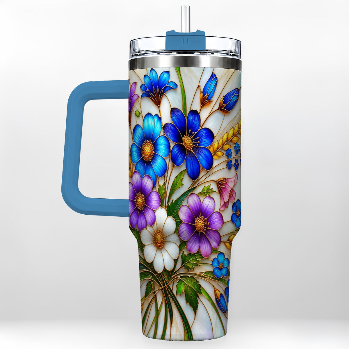 #pl[40oz|Blue] Blue Wildflower 40oz Tumbler, Botanical Stainless Steel Travel Cup