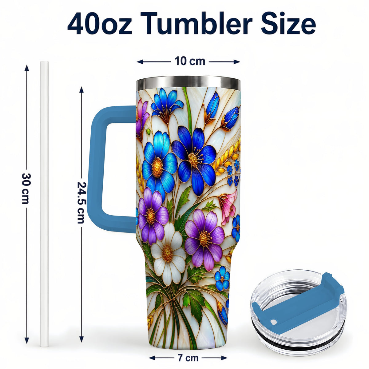 #pl[40oz|Blue] Blue Wildflower 40oz Tumbler, Botanical Stainless Steel Travel Cup