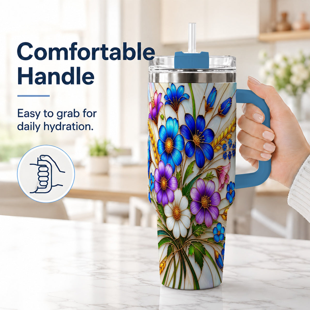 #pl[40oz|Blue] Blue Wildflower 40oz Tumbler, Botanical Stainless Steel Travel Cup