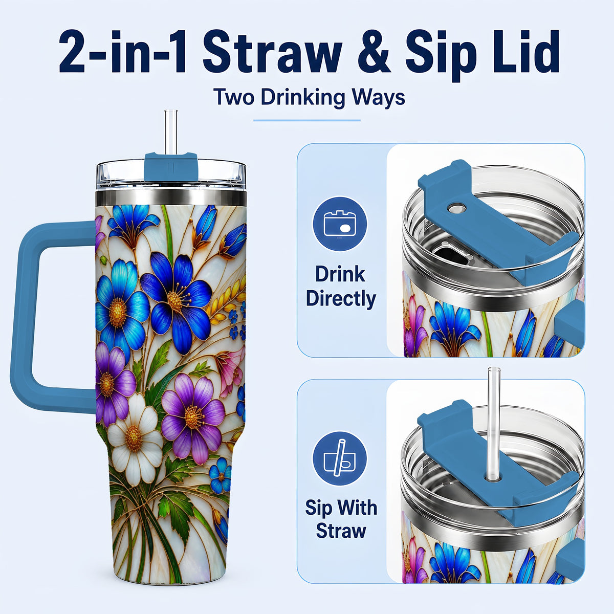 #pl[40oz|Blue] Blue Wildflower 40oz Tumbler, Botanical Stainless Steel Travel Cup