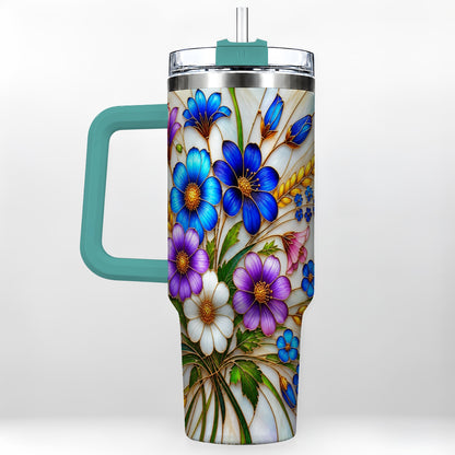 #pl[40oz|Green] Blue Wildflower 40oz Tumbler, Botanical Stainless Steel Travel Cup