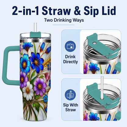 #pl[40oz|Green] Blue Wildflower 40oz Tumbler, Botanical Stainless Steel Travel Cup