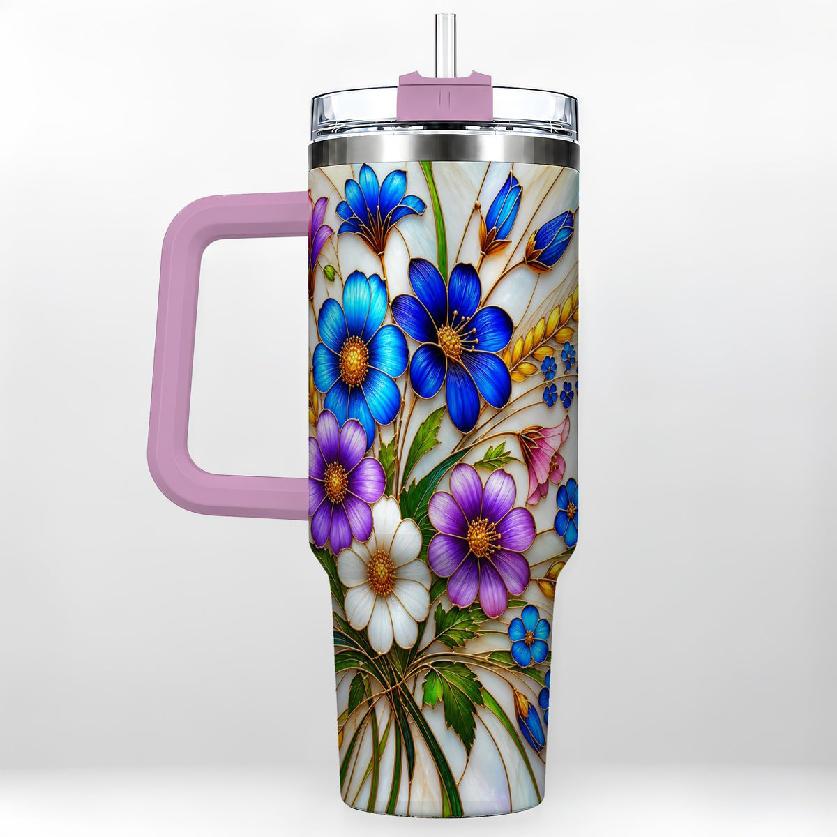 #pl[40oz|Pink] Blue Wildflower 40oz Tumbler, Botanical Stainless Steel Travel Cup