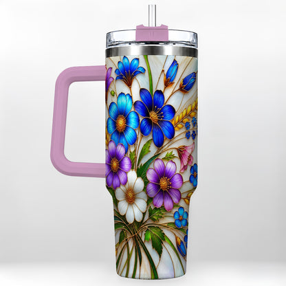 #pl[40oz|Pink] Blue Wildflower 40oz Tumbler, Botanical Stainless Steel Travel Cup