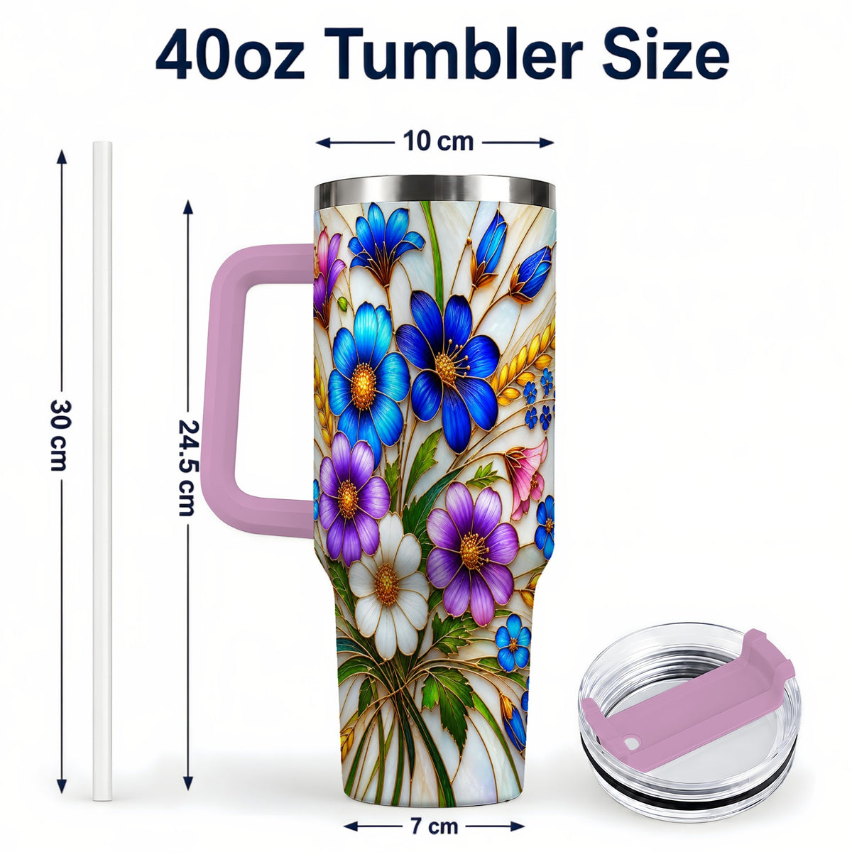 #pl[40oz|Pink] Blue Wildflower 40oz Tumbler, Botanical Stainless Steel Travel Cup