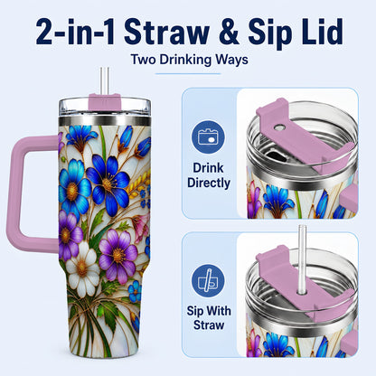 #pl[40oz|Pink] Blue Wildflower 40oz Tumbler, Botanical Stainless Steel Travel Cup