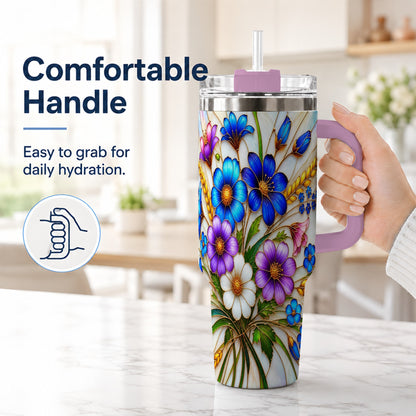 #pl[40oz|Pink] Blue Wildflower 40oz Tumbler, Botanical Stainless Steel Travel Cup