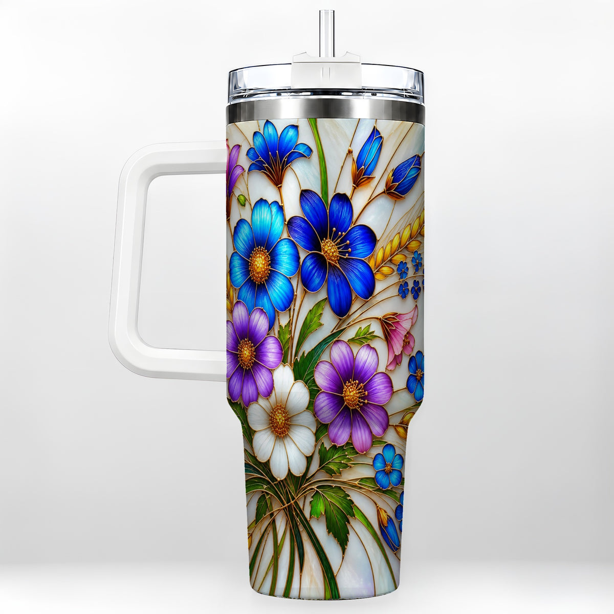 Blue Wildflower 40oz Tumbler, Botanical Stainless Steel Travel Cup