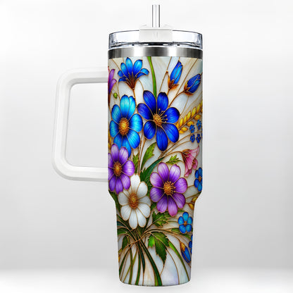 Blue Wildflower 40oz Tumbler, Botanical Stainless Steel Travel Cup