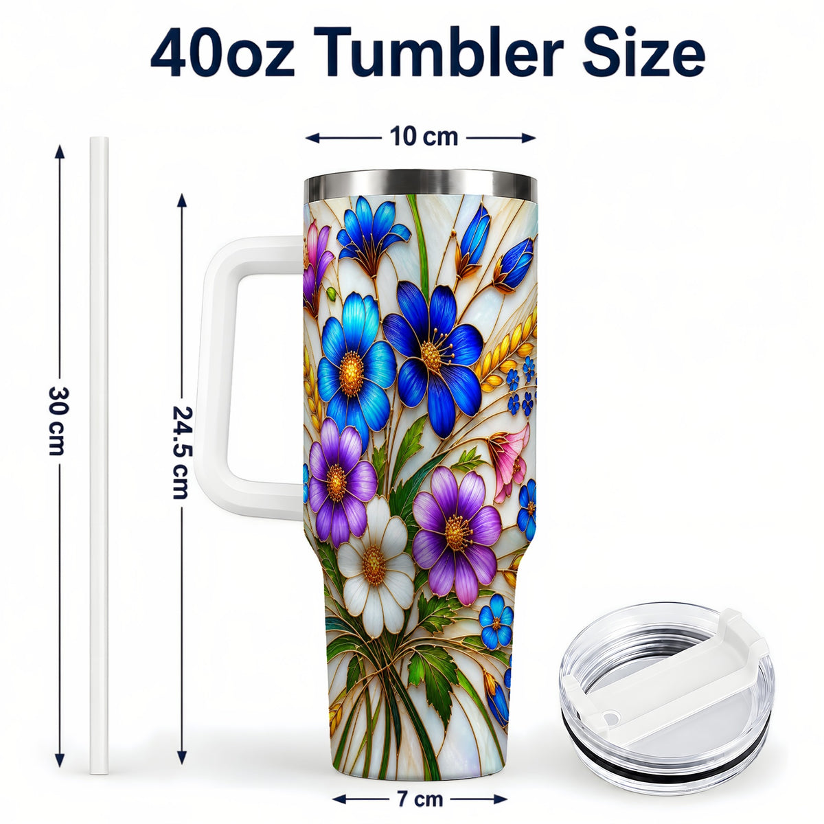 #pl[40oz|White] Blue Wildflower 40oz Tumbler, Botanical Stainless Steel Travel Cup