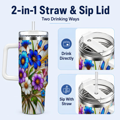 #pl[40oz|White] Blue Wildflower 40oz Tumbler, Botanical Stainless Steel Travel Cup