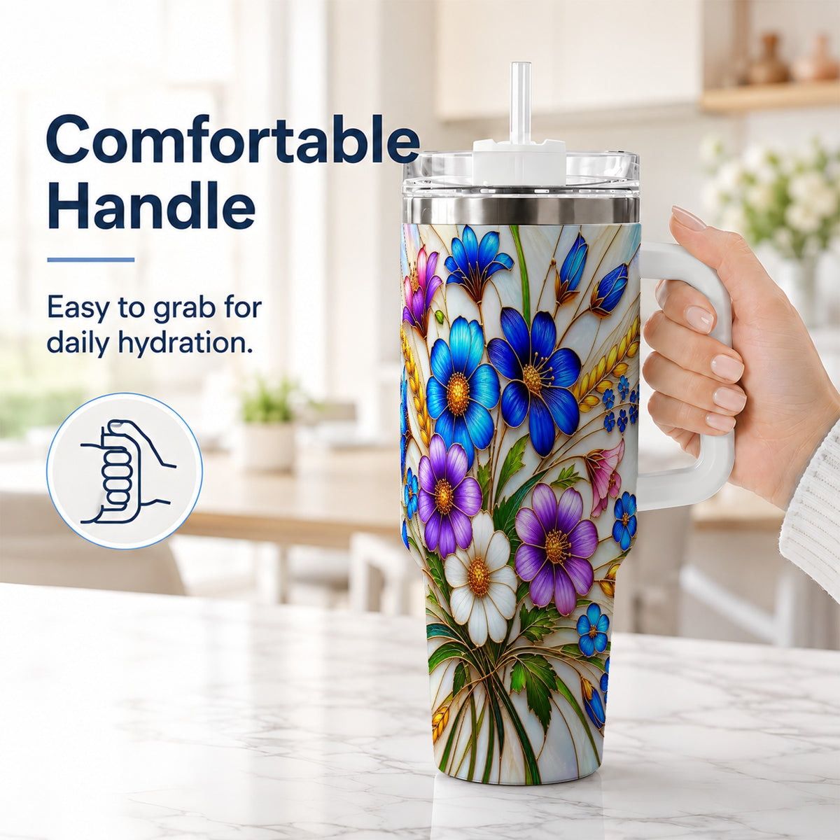 #pl[40oz|White] Blue Wildflower 40oz Tumbler, Botanical Stainless Steel Travel Cup