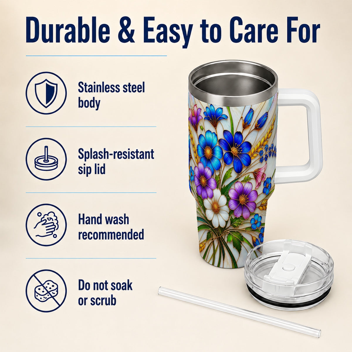 Blue Wildflower 40oz Tumbler, Botanical Stainless Steel Travel Cup