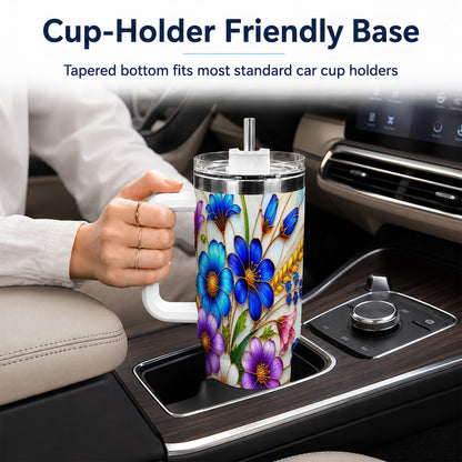 Blue Wildflower 40oz Tumbler, Botanical Stainless Steel Travel Cup