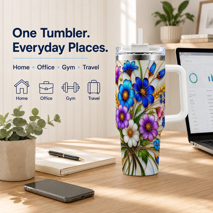 Blue Wildflower 40oz Tumbler, Botanical Stainless Steel Travel Cup