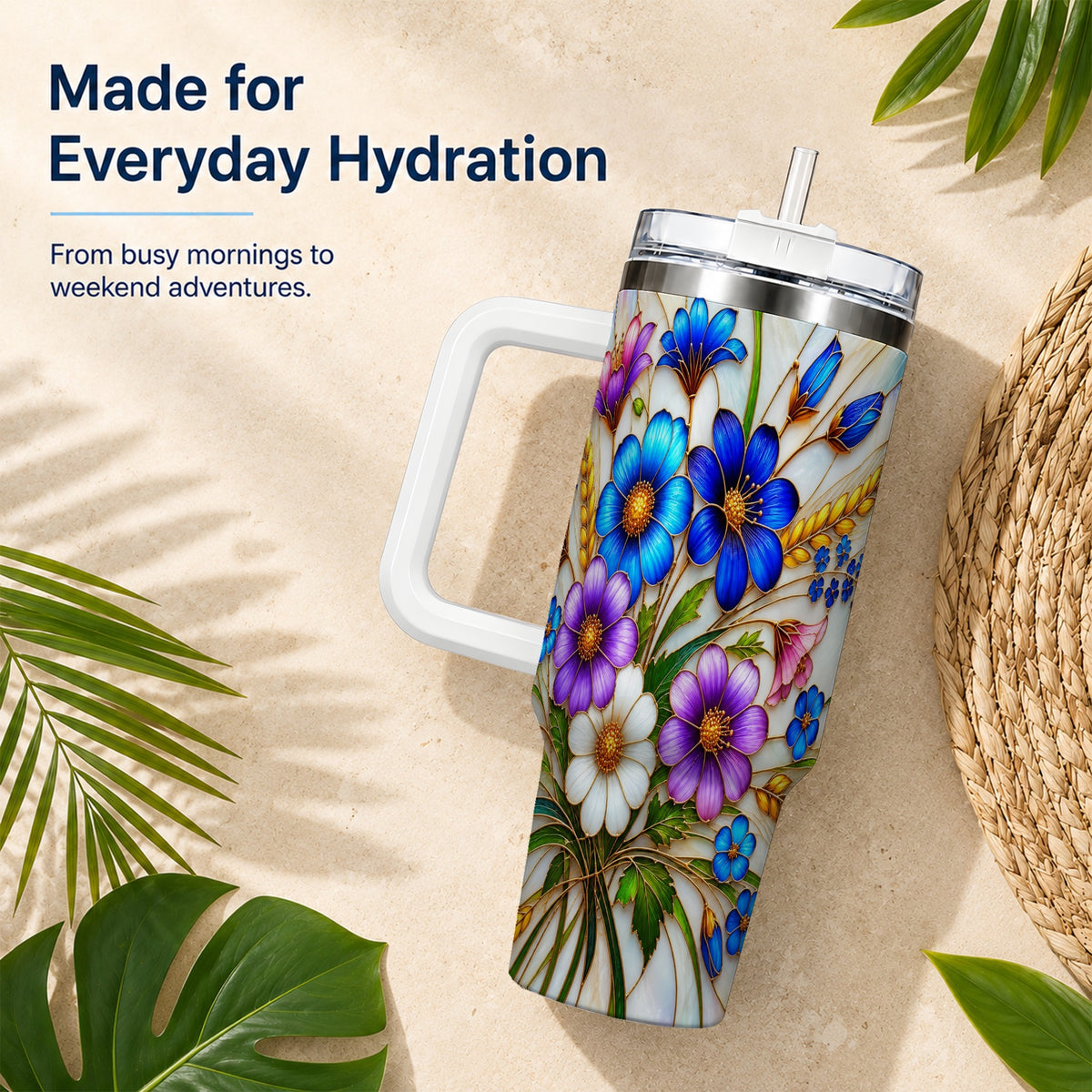 Blue Wildflower 40oz Tumbler, Botanical Stainless Steel Travel Cup