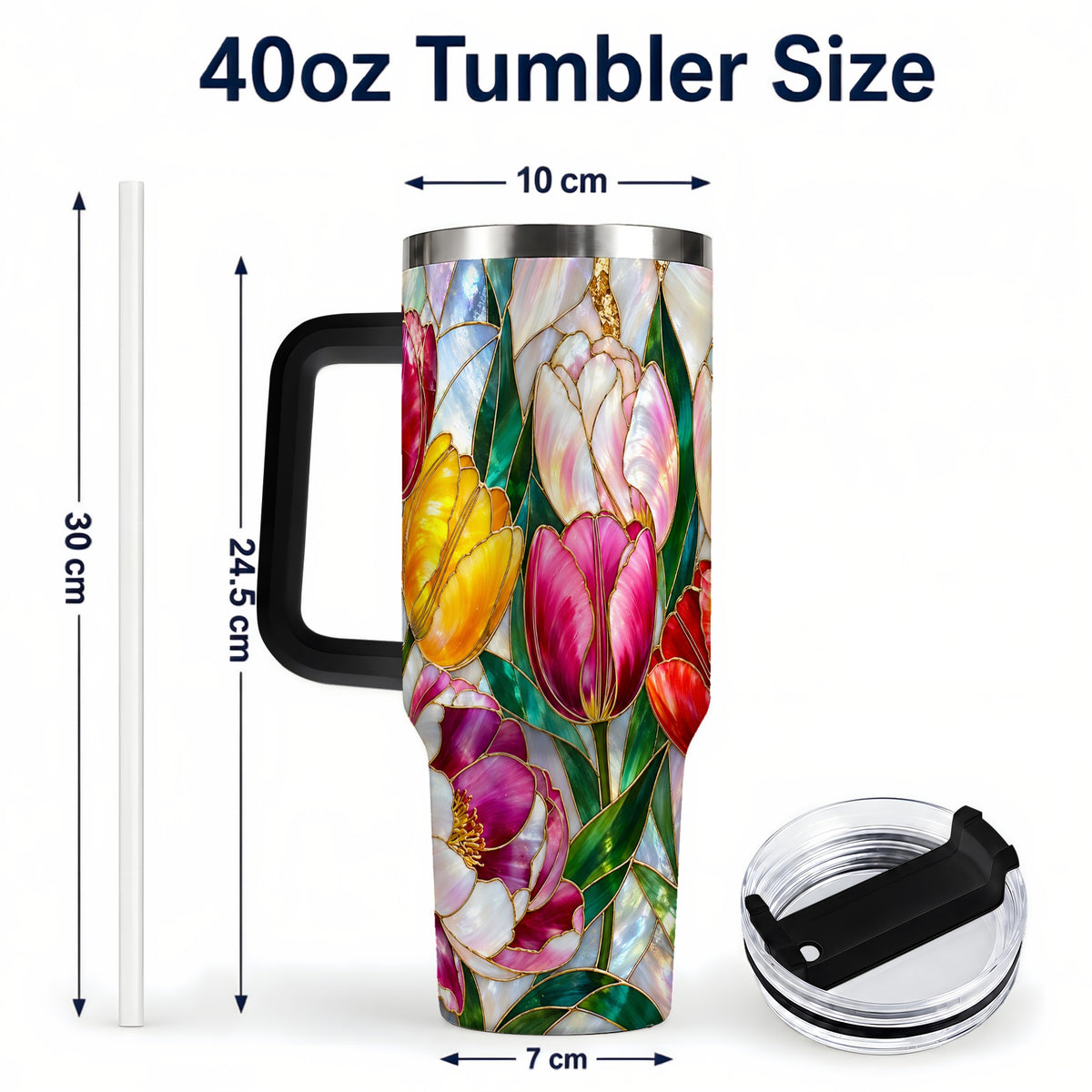 #pl[40oz|Black] Colorful Tulip 40oz Tumbler, Stained Glass Stainless Steel Travel Cup