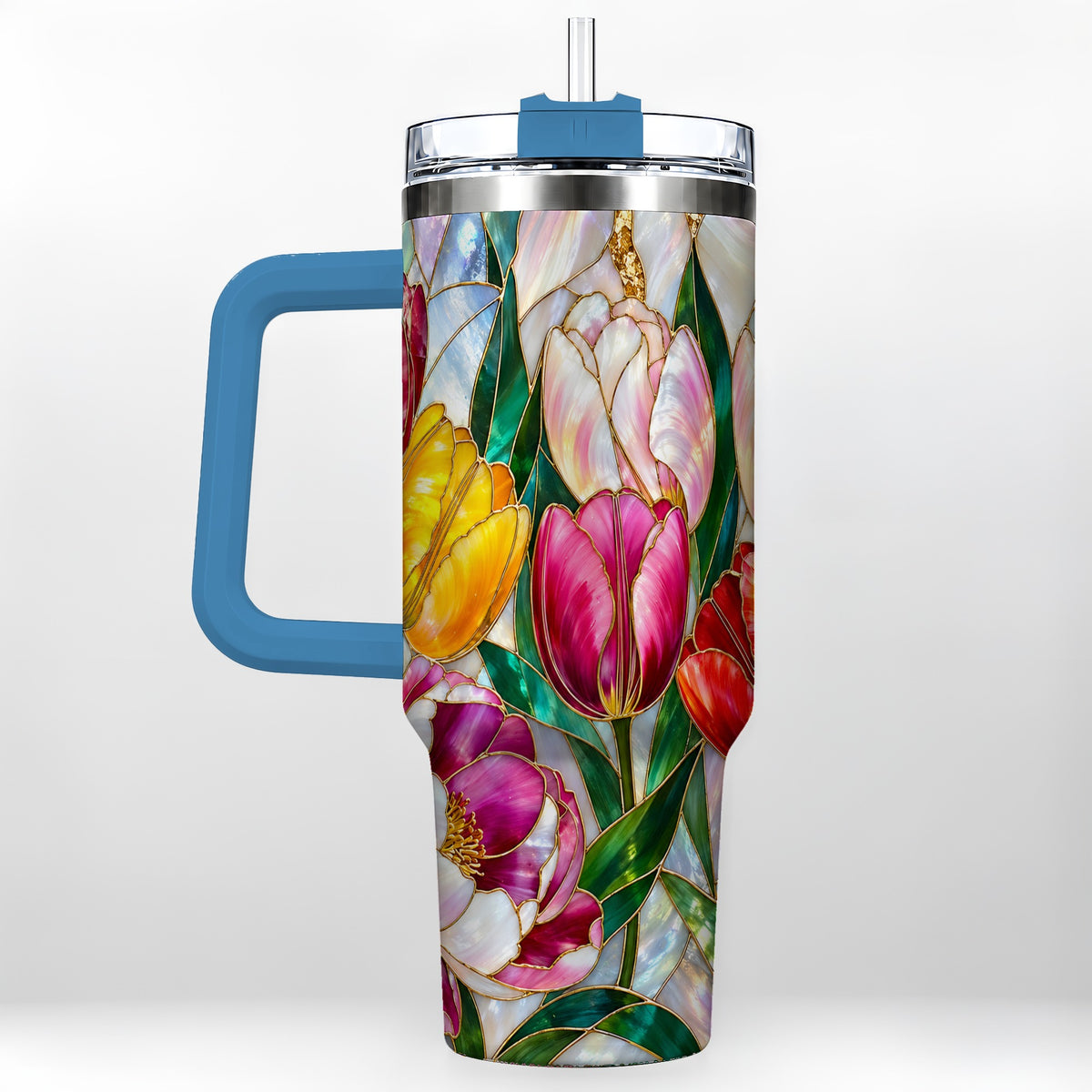 #pl[40oz|Blue] Colorful Tulip 40oz Tumbler, Stained Glass Stainless Steel Travel Cup