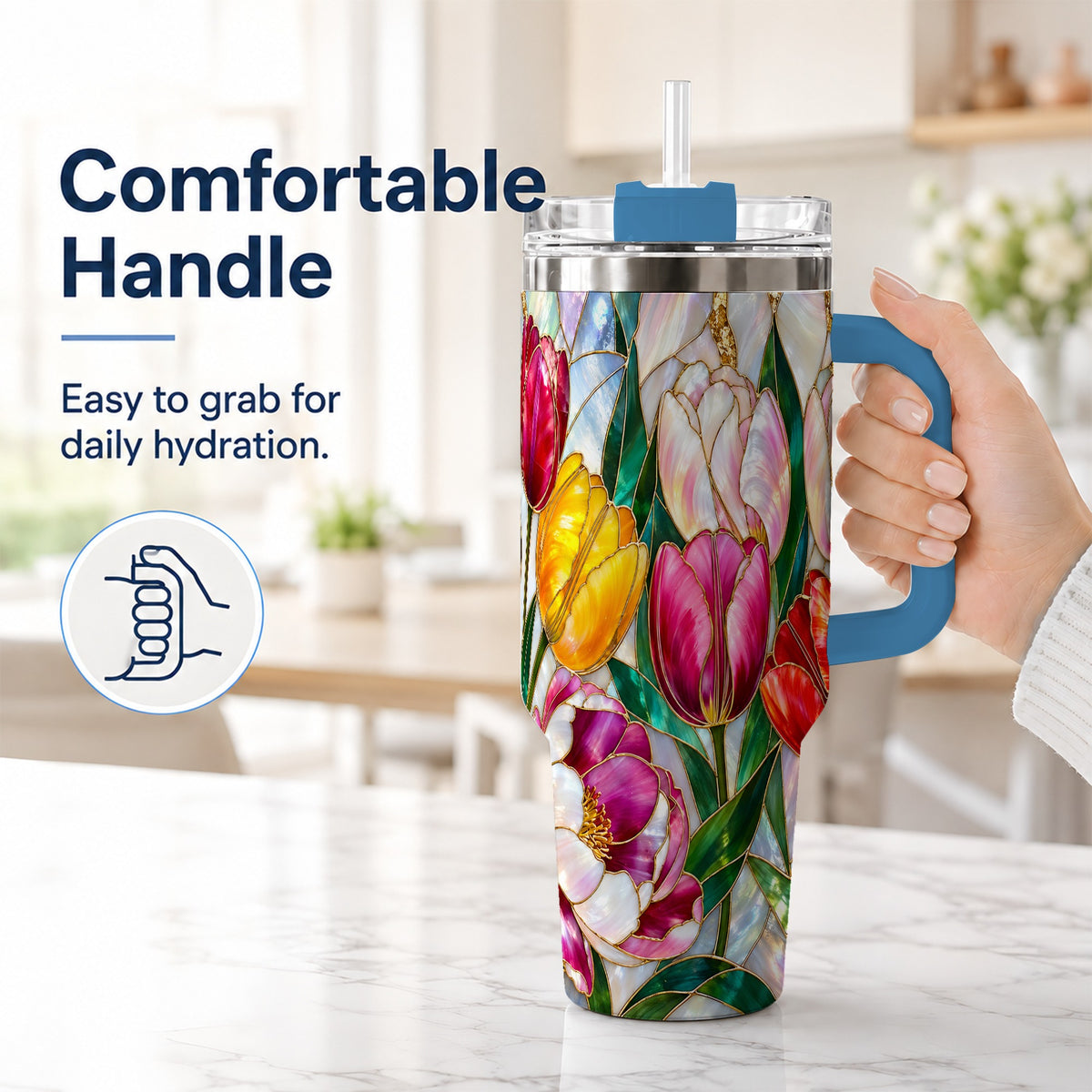 #pl[40oz|Blue] Colorful Tulip 40oz Tumbler, Stained Glass Stainless Steel Travel Cup