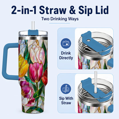 #pl[40oz|Blue] Colorful Tulip 40oz Tumbler, Stained Glass Stainless Steel Travel Cup