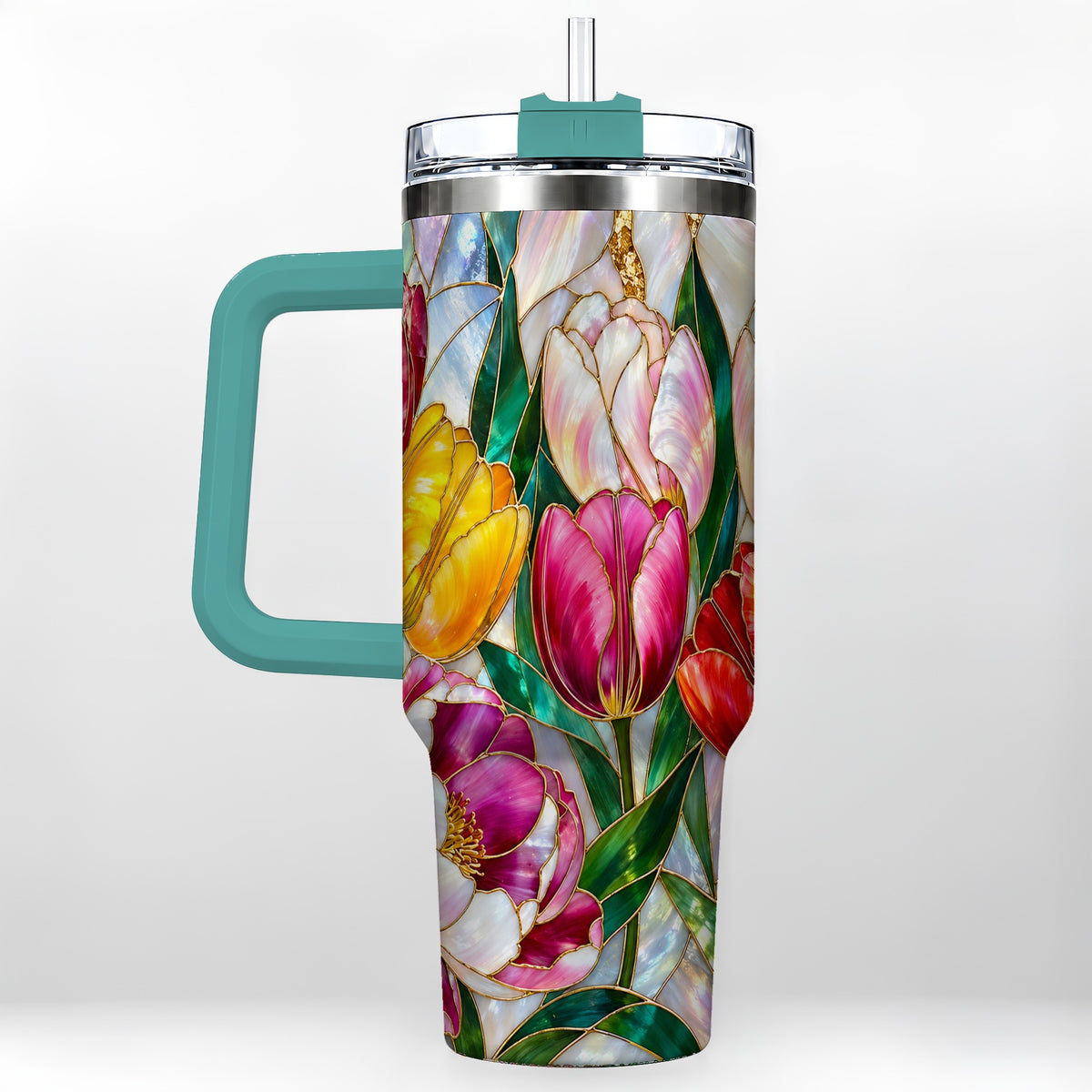 #pl[40oz|Green] Colorful Tulip 40oz Tumbler, Stained Glass Stainless Steel Travel Cup