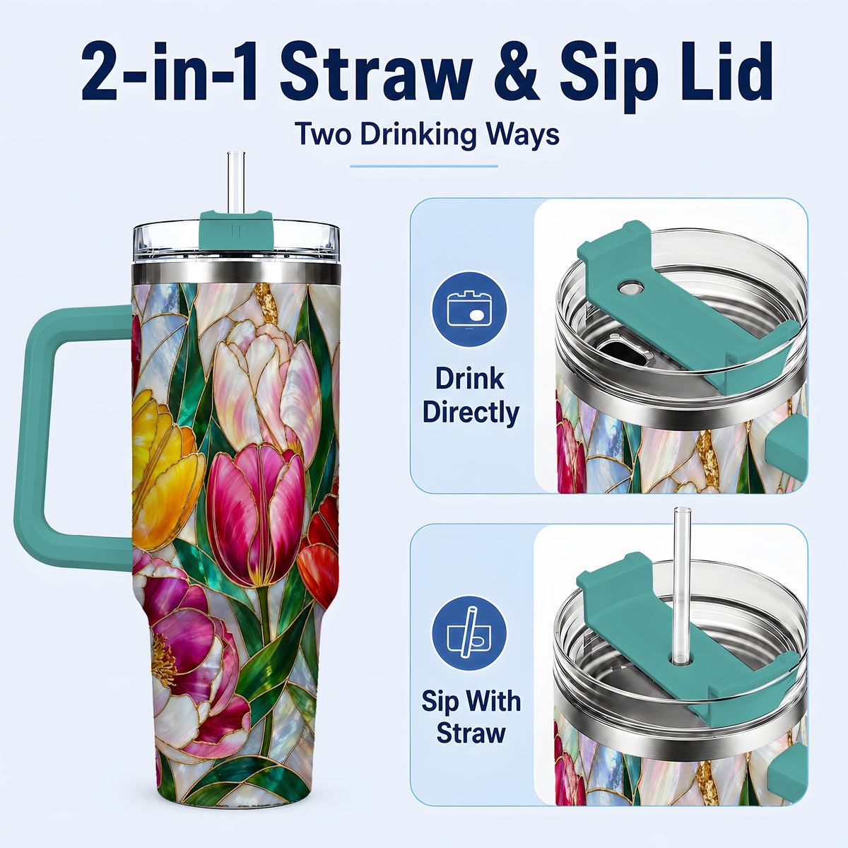 #pl[40oz|Green] Colorful Tulip 40oz Tumbler, Stained Glass Stainless Steel Travel Cup