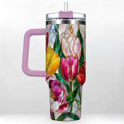 #pl[40oz|Pink] Colorful Tulip 40oz Tumbler, Stained Glass Stainless Steel Travel Cup