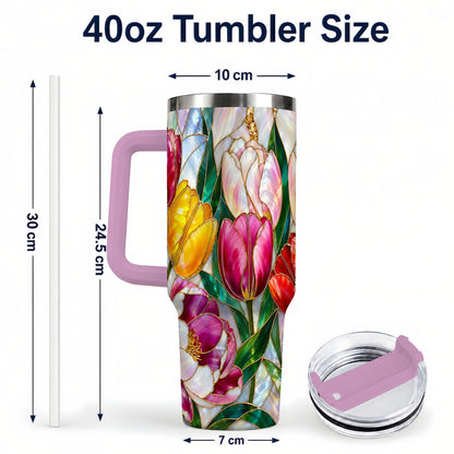 #pl[40oz|Pink] Colorful Tulip 40oz Tumbler, Stained Glass Stainless Steel Travel Cup