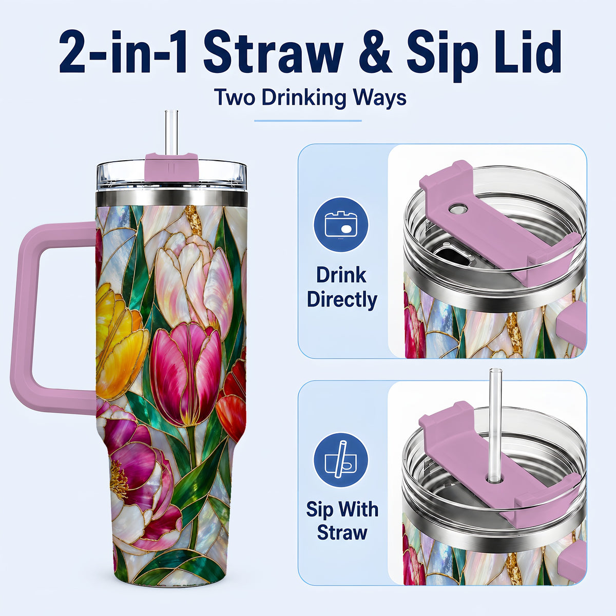 #pl[40oz|Pink] Colorful Tulip 40oz Tumbler, Stained Glass Stainless Steel Travel Cup